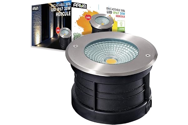Arum LIGHTING - Spot Encastrable de Sol Extérieur HERCULE, LED COB 20W (2000 Lm), Blanc Chaud 3000K, Étanche IP67, Projecteur Puissant pour Terrasse, Arbre et Façade, Ø 20cm