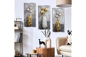LEKABEE Decalcomanie da parete per soggiorno, 3 pezzi, vasi dorati, fiori, adesivi da parete per soggiorno, camera da letto, cucina, decorazione floreale 3D