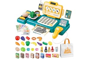 FEGALOP Cash Register Toy for Kids,Toddler Pretend Play Store with Real Calculator,Scanner,Play Food,Money & Credit Card,Supermarket Checkout Set,Math Skills Learning Toys,Birthday Gift for Boys Girls (Green)
