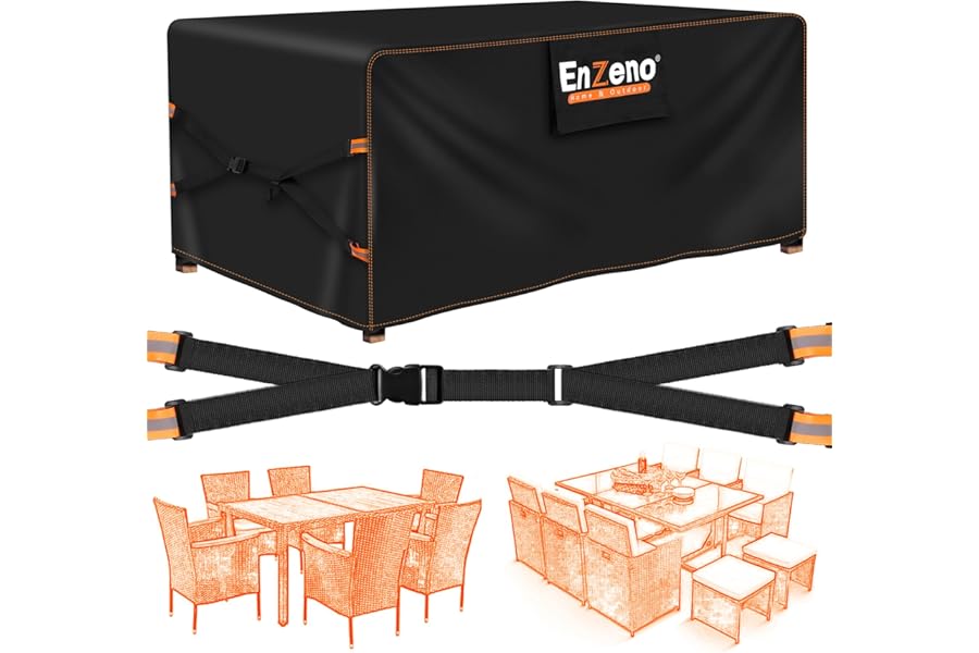 Enzeno New Upgrade Garden Furniture Covers,180x120x74cm Outdoor Table Cover Waterproof,500D Heavy Duty Patio Furniture Cover,Wider Vents for Outdoor Rectangle/Rectangular Table and Chair Set Covers.