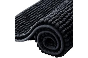 BedLooms Bath Mat Non Slip Anti Mould 40 x 60 cm – Black Chenille Bathroom Mat Extra Soft & Fluffy Bathmat Machine Washable Super Water Absorption Shower Mat