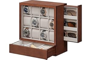 SONGMICS 12-Slot Wooden Watch Box, Watch Display Case with Window, Watch Display Cabinet with Solid Wood Veneer, Vertical Storage, Space Saving, Gift Idea, Coffee Brown JOW014K01