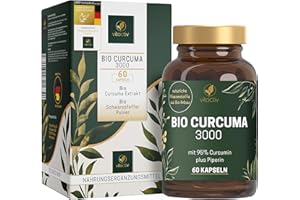 ‎VITACTIV NATURAL NUTRITION VITACTIV Bio Curcuma 3000 - Bio Kurkuma Kapseln Hochdosiert - Curcuma Extrakt mit 95% Curcumin - Piperin für Hohe Bioverfügbarkeit - Ohne Magnesiumstearat, Vegan - 60 Curcuma Kapseln (für 60 Tage)