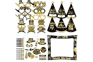 BIOECEUA 37PCS Happy New Years Party Supplies 2026, Photo Balloon Frame, Headbands Tiara, Paper Hats, Paper Glasses, Fun Props, Gold Sliver Metallic Fringed Noise Makers for Eve Party Decorations Accessories
