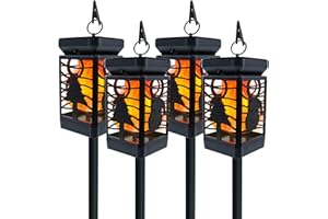 4 Pack of YumCute Home Solar Lantern Lights with Flickering Flame Hanging Solar Garden Lanterns, IP65 Waterproof Solar Torch Lights for Outdoor Yard Auto On/Off [Energy Class A]