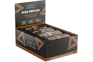 Marca Amazon - Amfit Nutrition Barrita de proteína baja en azúcar (19.6g proteina - 0.8g azúcar), Chocolate con dulce de azúcar, 60g, Paquete de 12