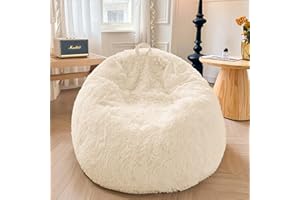 XeGe Fluffy Stuffed Animal Storage Bean Bag Chair Cover(No Filler), Faux Fur Washable Ultra Soft Bean Bag Cover for Plush Toys or Textile,Plush Shaggy Large Beanbag for Adults Kids Teens, Beige