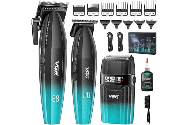 VGR 640 S3 Tondeuse Cheveux Homme Professionnel, Rechargeable Tondeuse Finition et Rasoir À Grille Kit de Coupe, Kit Coiffure Machine Sans Fil avec Écran Led pour Barbier et Usage Domestique, Vert