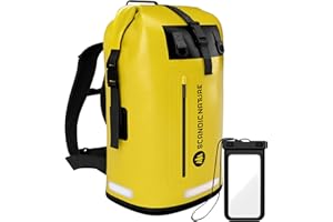 SCANDIC NATURE PIONEER wasserdichter Rucksack mit Rolltop Verschluss 35L 55L schwarz gelb oliv-grün - extra robust dank Boden mit 1000D PVC LKW-Plane, 3 Reflektor-wasserfeste IPX8 Handyhülle