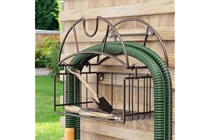 WAYPIN SION Supporto per tubo da giardino, supporto da parete per tubo dell'acqua, gancio per tubo in metallo resistente con cestino per attrezzi, supporto per tubo esterno per giardino, cortile