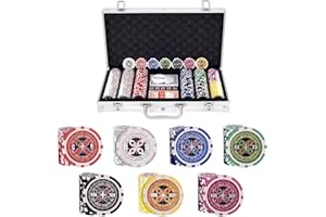 HOMASIS Set da Poker con 300 Chips, Valigetta da Poker con Serratura, Kit Poker con 2 Mazzi di Carte, 5 Dadi, 1 Bottone del Mazziere, Carte da Poker per Feste (Argento)