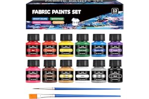 SHOPPGO Pintura Textil Permanente y Lavable, Fabric Paint, Pintura para Tela Permanente y Lavable, Se Puede Utilizar para Pintar Ropa, Zapatos, Bolsas de Lona, 12 * 25ml + 2 Cepillar