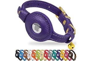 OOPSDOGGY Cat Collar with Bell for AirTag - Non Breakaway Leather Kitten Collar with Apple Air Tag Holder - Lightweight Integrated GPS Pet Collars for Girl Boy Cats, Small Dogs, Puppies (Purple)