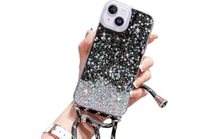 Wirvyuer Handykette Hülle für iPhone 14 Handyhülle mit Kordel Glitzer Schutzhülle mit Band zum Umhängen Halskette Silikon Case mit Schnur für iPhone 14 Schwarz