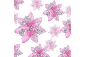 Geosar 24 Flores de Nochebuena Artificiales con Purpurina para Navidad Decoraciones de Flores de Boda Adornos de Árbol de Navidad con Clips, 6 Pulgadas, 4 Pulgadas, 3 Pulgadas (Rosa y Plata)