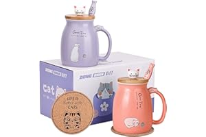 DONGSHANGIFT Kubki dla kotów, zestaw 2 uroczych kubków do herbaty z kotem, ceramiczny kubek do kawy z pokrywką kawaii i łyżeczką, urocze kubki dla kobiet, dziewcząt, miłośników kotów, 450 ml, Boże Narodzenie,