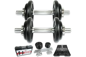 C.P.Sports Cast Iron Dumbbell or Barbell Set 20 kg / 25 kg in Case | Dumbbells Pair or Barbell Bar + Weight Plates + Clasps | Weight Training, Bodybuilding, Fitness, Home Gym