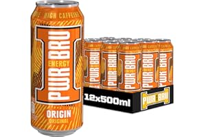 A G BARR PLC 𝐏𝐖𝐑-𝐁𝐑𝐔 Origin Original 12 Pack Big Can Energy Drink with High Caffeine, Taurine and Vitamins - 12 x 500ml Cans