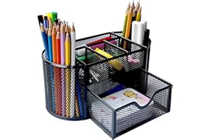 ANTUREBAY Organizer na biurko, czarny, metalowy organizer biurowy z szufladą i uchwytem na długopisy, klamerki do segregatorów, karteczki samoprzylepne, oszczędzający miejsce organizer na biurko