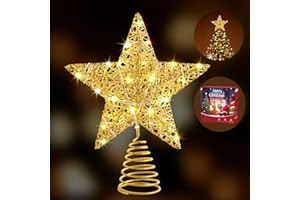 WHOLEV Estrella para Arbol de Navidad Dorada, 25CM Estrellas Superiores De 20 Luces LED con Temporizador, Alimentado por Batería o USB, Decoraciones De árboles De Navidad para El Hogar