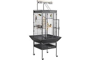 Yaheetech Gabbia Voliera per Uccelli Pappagalli Calopsite Inseparabili Grande con Piedistallo Ruote in Metallo da Interno Esterno 65,5 x 65,5 x 156 cm Nera