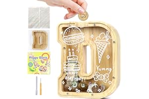 Mikytoper Money Box for Kids Wooden Letter Piggy Banks for Kids Money Box with Target Area Personalized Money Box Clear Money Bank for Gift Decoration Baptism (D)