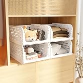 Amazon Basics Foldable & Stackable Plastic Clothes Organizer for Wardrobe | 4-Piece Shirt Storage Stacker & Closet Bins | Whi