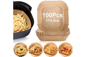 JOSPL Air Fryer Feuilles de Papier 100 Pièces,Papier Cuisson Air Fryer Paper Liner,Prédécoupé en Forme de carré Papier Sulfurisé,Air Fryer Parchment Paper,Papier Rond pour Friteuse à Air(17 * 4.5cm)