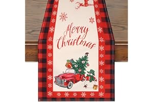 FIGARGE Chemin de Table de Noël, Chemin de Table élan et Flocon de Neige, Decoration Noël Chemin de Table Rouge, Dîner Chemin de Table en Lin Les Fêtes, Les Rassemblements (183x33CM)