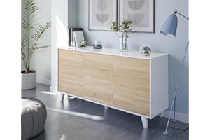 Dmora - Credenza Arvada, Madia moderna a 3 ante e ripiani, Buffet da cucina, Buffet di design da soggiorno, 154x40h75 cm, Bianco e Rovere