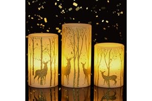 Eldnacele Flameless Candles Flickering with 6H Timer, 3 Pack Gold Reindeer Elk Decal Real Wax Candles Lights LED Flames for Christmas Home Decoration Powered by 3 AAA Batteries