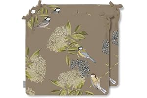 Izabela Peters Luxury Outdoor Waterproof Chair Seat Cushions Set Of 2 |High Density Foam Seat Pads for Garden Furniture, Indoors & Outdoors Dining Chairs | Bird On Elderflower Taupe