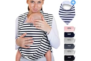 Makimaja Tragetuch Baby - Marineblau Mit Streifen - Hochwertiges Babytragetuch 100% Natürlicher Baumwolle - Tragetuch Baby Neugeboren und Babys Bis 15 Kg - Plus Einschließen: Baby Lätzchen