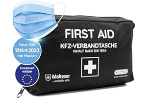 ‎FLEXEO KFZ-Verbandtasche nach aktueller DIN 13164 [EUROPAWEIT GÜLTIG] gemäß StVZO | inkl. 2 med. Gesichtsmasken | Erste Hilfe Tasche, Set, Verbandskasten, Auto, PKW