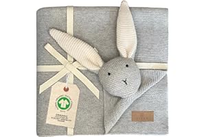 ‎DIKOS DIKOS® Original Babydecke SCHMUSE-HASE grau | 100% Bio Baumwolle Neugeborenen Decke | Kuscheldecke Strick Mädchen/Junge | Schmusedecke Kinderwagen Decke | Baby Erstausstattung | Geschenk zur Geburt