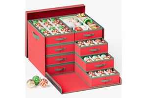 ZIPEEU Caja para guardar adornos navideños Organizador de adornos de 8 capas 144 compartimentos Decoración festiva roja y verde Diseño navideño Plegable con tapa (49,8 x 49,8 x 35,5 cm-rojo)