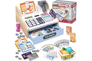 KIZJORYA 2025 Registratore di Cassa Giocattolo in Legno con Calcolatrice Scanner Giochi per Bambini 3+ Anni, Giocattoli Negozi di Giochi Finti Regali Educativi per Ragazze Ragazzi 3 4 5 6 7Anni, Bianco&Blu