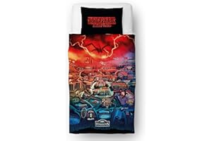 Stranger Things Character World Official Single Duvet Cover | Hawkins Town Map Design, Reversible Easy Care Bedding 2 sided Duvet Quilt Set with Matching Pillow Case, Multicolour Print