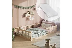 ‎KIDS COLLECTIVE Kids Collective Kinderbett Bodenbett 120x200 cm mit Matratze, Lattenrost & Rausfallschutz Montessori Bett Bed Gitterbett Kinder Jugendbett Einzelbett | Natur weitere Größen | 90x200 | 140x200 cm