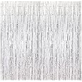Beauenty 2pcs Metallic Tinsel Foil Shimmer Fringe Rain Curtains Backdrop Curtain for Photo Background Decorations, Shimmer Tinsel Curtain Backdrop for Birthday Wedding Prom Party Decoration (Silver)