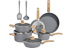 Kitchen Academy Set di pentole e padelle, 12 pezzi, con rivestimento antiaderente, set di pentole e padelle per induzione, fornelli a gas e microonde, grigio, KA-CS01-001