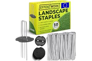 EffektWerk Garden Stakes w/Gaskets (6" / 150mm, 50 PK), Grapas galvanizadas en Forma de U con Arandelas, alfileres de Tela para la instalación de césped