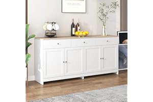 Kehun Sideboard Weiss für Wohnzimmer und Esszimmer, Kommode Schrank Buffetschrank 160x37x75 cm mit 4 Türen und 3 Stauraum Schubladen, Natur & Weiß