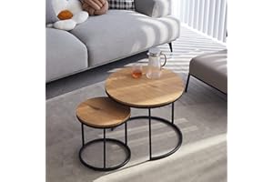 HJhomeheart Juego de 2 Mesas Nido Redondas, Mesas de Centro, Grande: 60 x 60 x 45 cm, Pequeña: 40 x 40 x 35 cm, Marrón Claro