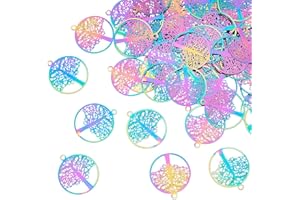 DICOSMETIC 60Pz Albero Della Vita Ciondoli In Acciaio Inossidabile Cavo Piatto Rotondo Albero Ciondoli Arcobaleno Color Filigrana Ciondoli Abbellimenti Incisi per La Creazione di Gioielli, Foro: 1.2mm