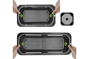 GUTEPA Sieb für Spülbecken, Siebkorb über Spüle ausziehbar 34.5-48cm, Abtropfsieb Sieb Küche Waschbecken, Küchensieb Plastic zum Gekochte Nudeln abtropfen, Gemüse Obst waschen Schwarz BPA Frei