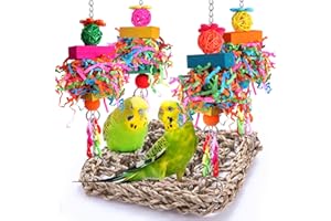 BBjinronjy Bird Toys Parakeet Conure Foraging Wall Toy,Seagrass Woven Hammock Swing Mat for Climb Perch with Colorful Wooden Chewing Lovebirds,Parakeets,Conure,Cockatiel (Middle)