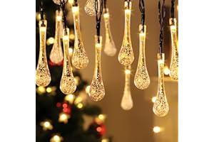 BLOOMWIN Guirlande Lumineuse Extérieure Solaire Noël Guinguette Blanc Chaud 30LED 6,5m Guirlande Lumineuse Goutte d'Eau Goutte de Pluie Imperméable Lumière Décoration Maison Chambre Jardin Terrasse