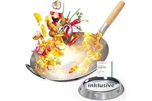 ‎FLAVEMOTION Flavemotion Wok mit Wokring für Induktion, E-Herd (Flacher Boden, 36 cm groß) handgehämmerte Wokpfanne aus Karbonstahl mit Holzgriff inkl. Wokring zum Abstellen