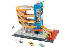 Matchbox Centrum transportowe Zestaw z 5 poziomami, funkcjami aktywowanymi ręcznie, 3 pojazdami: taksówką, łodzią i helikopterem (wszystkie w skali 1:64) oraz stoiskiem z „jedzeniem”, HXL47